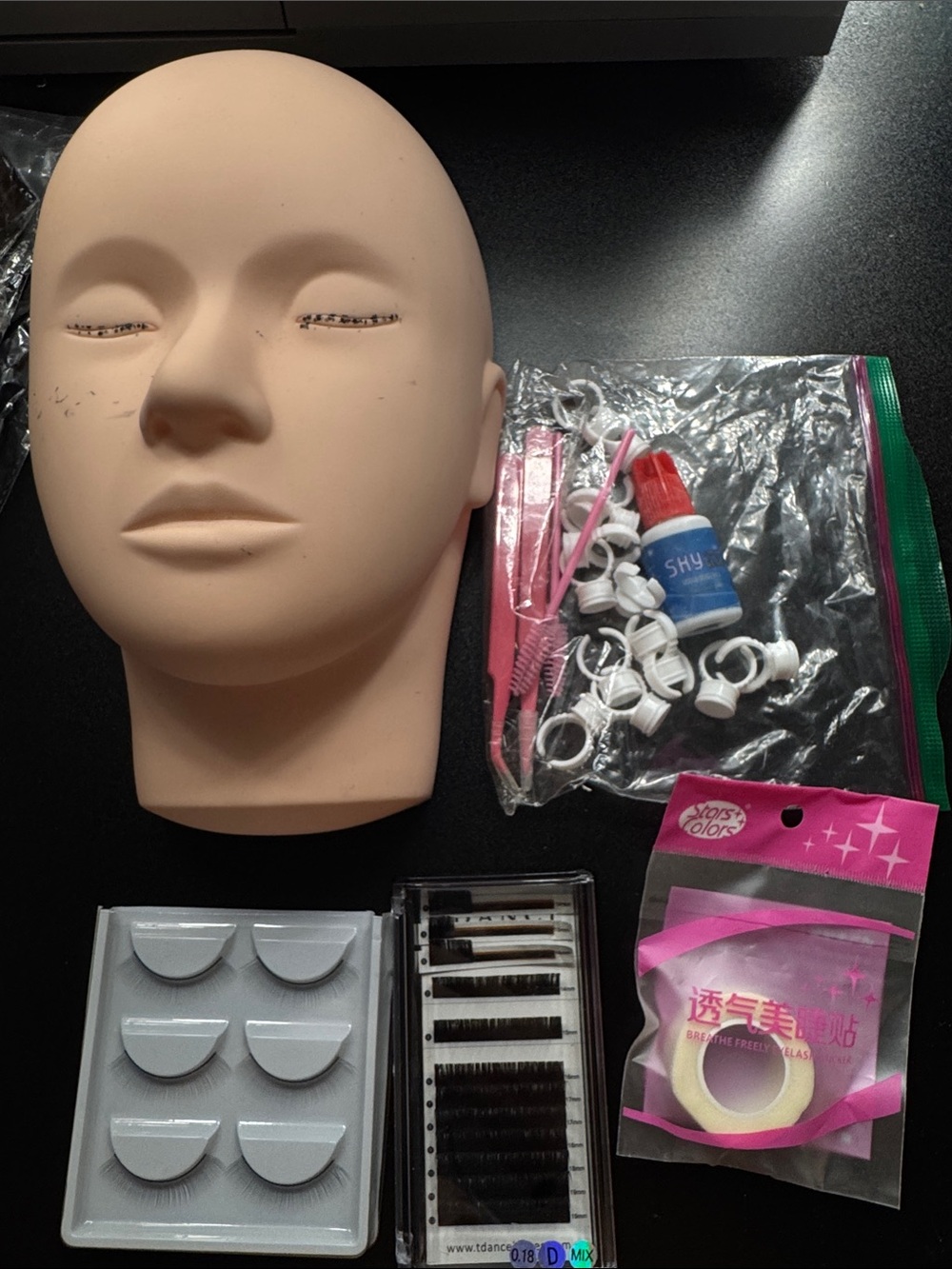 Eyelash Extension Practice Head Mannequin with Pink Tools and Accessories